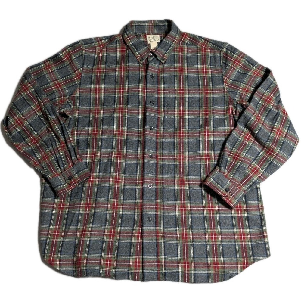 LL Bean Scotch Plaid Flannel Shirt Mens XL Traditional Fit Gray Red